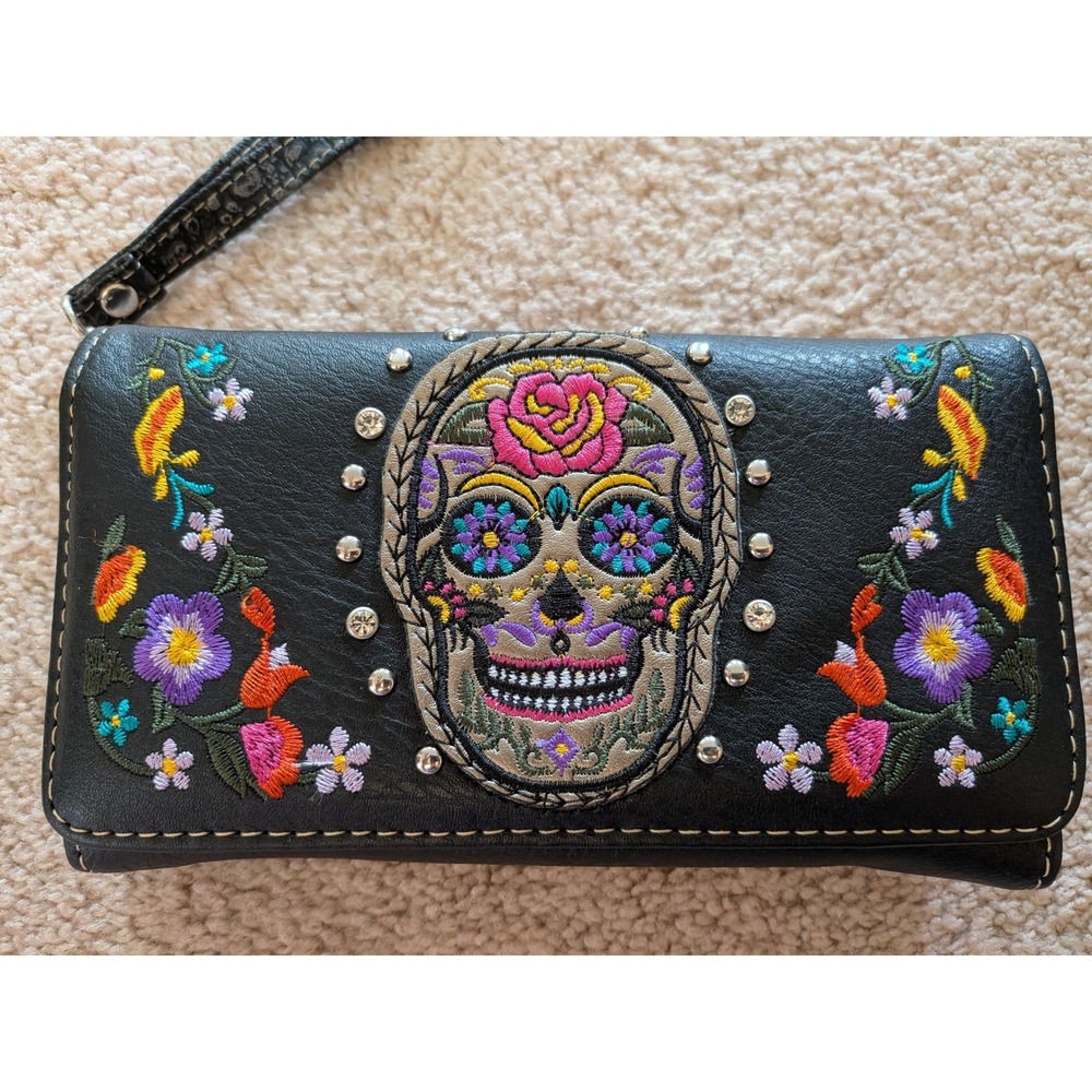 Embroidered Sugar Skull Crossbody Wallet Bag Studded Floral Rockabilly Clutch